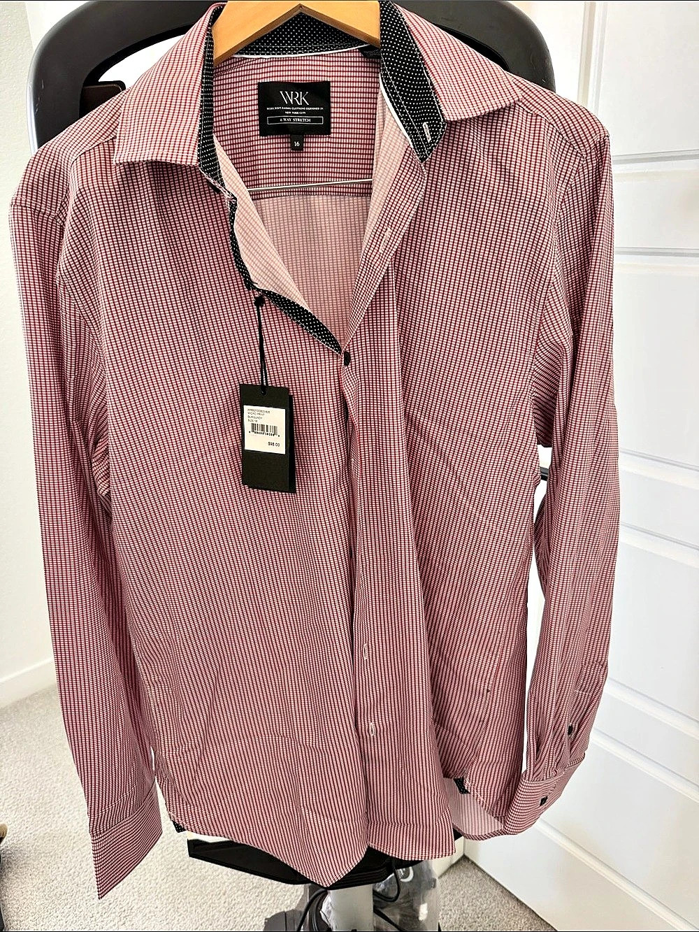 WRK Micro Print 4-Way Stretch Dress Shirt Red & White 16 NWT